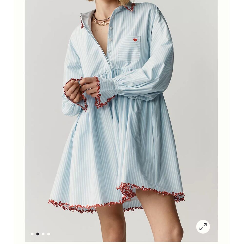 Anthropologie Maeve Love Letter Embroidered Swing Shirtdress S